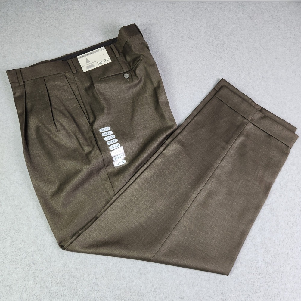 Perry Ellis America Dress Pants Mens 38x32 Brown Power Threads Pleated Cuffed